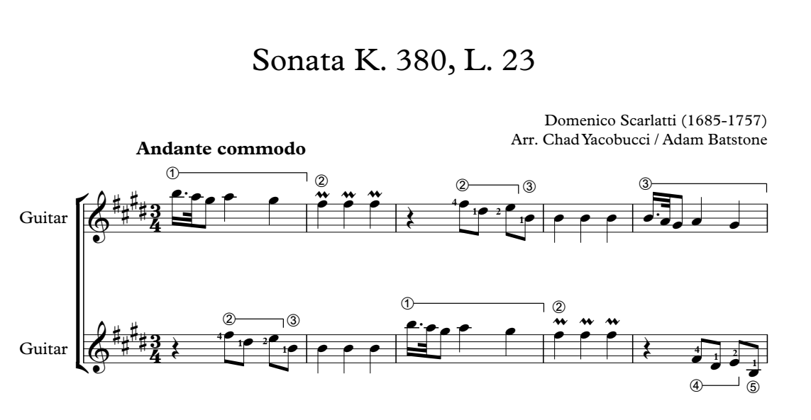 Part of the first page of Scarlatti's K.380 sonata arranged for two guitars by Adam Batstone